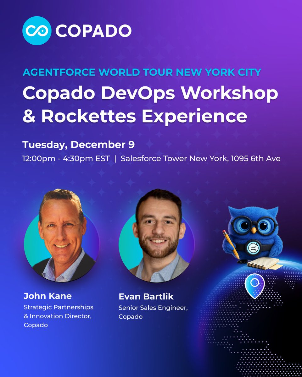 CopadoSolutions's tweet image. Kick off your World Tour with Copado.

Join us Dec 9 at Salesforce Tower for a DevOps Workshop, an deep dive into Org Intelligence™, and a Rockettes Experience led by John Kane and Evan Bartlik.

Save your spot: ow.ly/vNnp50XypIx

#WorldTourNYC #Copado #SalesforceDevOps