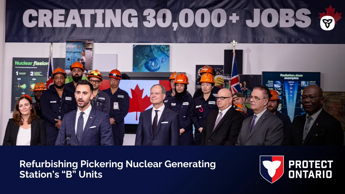 Minister Lecce speaking at a podium. The caption reads "Refurbishing Pickering Nuclear Generating Station’s “B” Units"