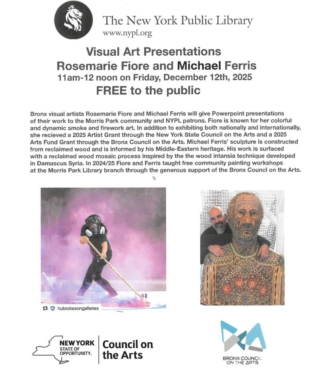 SPECIAL ART EVENT at the @morrisparknypl ❗️
Local visual artists Rosemarie Fiore @rosemariefiorenyc and Michael Ferris <a href="/michael/">michael</a>.ferris.sculpture will give Powerpoint presentations of their work to the community and NYPL patrons. Please join on Friday, December 12th, 2025 from