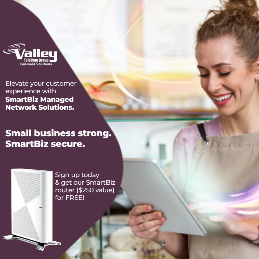 Valley_TeleCom's tweet image. Valley offers solutions for businesses of all sizes! With managed IT, Internet, voice, cybersecurity, customizable customer portal and more, SmartBiz is your complete network solution. 

To learn more, click the link in our bio! #ValleySmartBiz