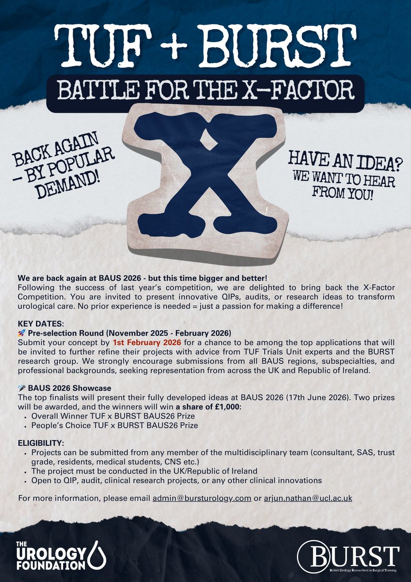 🔥TUF X BURST: X-Factor returns for #BAUS26 - this time bigger and better!

Got a QIP, audit or innovation idea? Submit it for a chance to have it refined, present at BAUS 26 and a shot at a share of £1,000!

⌛Deadline: 1st Feb 2026

🔗Link: forms.gle/NpC5ayznq5TeaR…

#UROSoMe