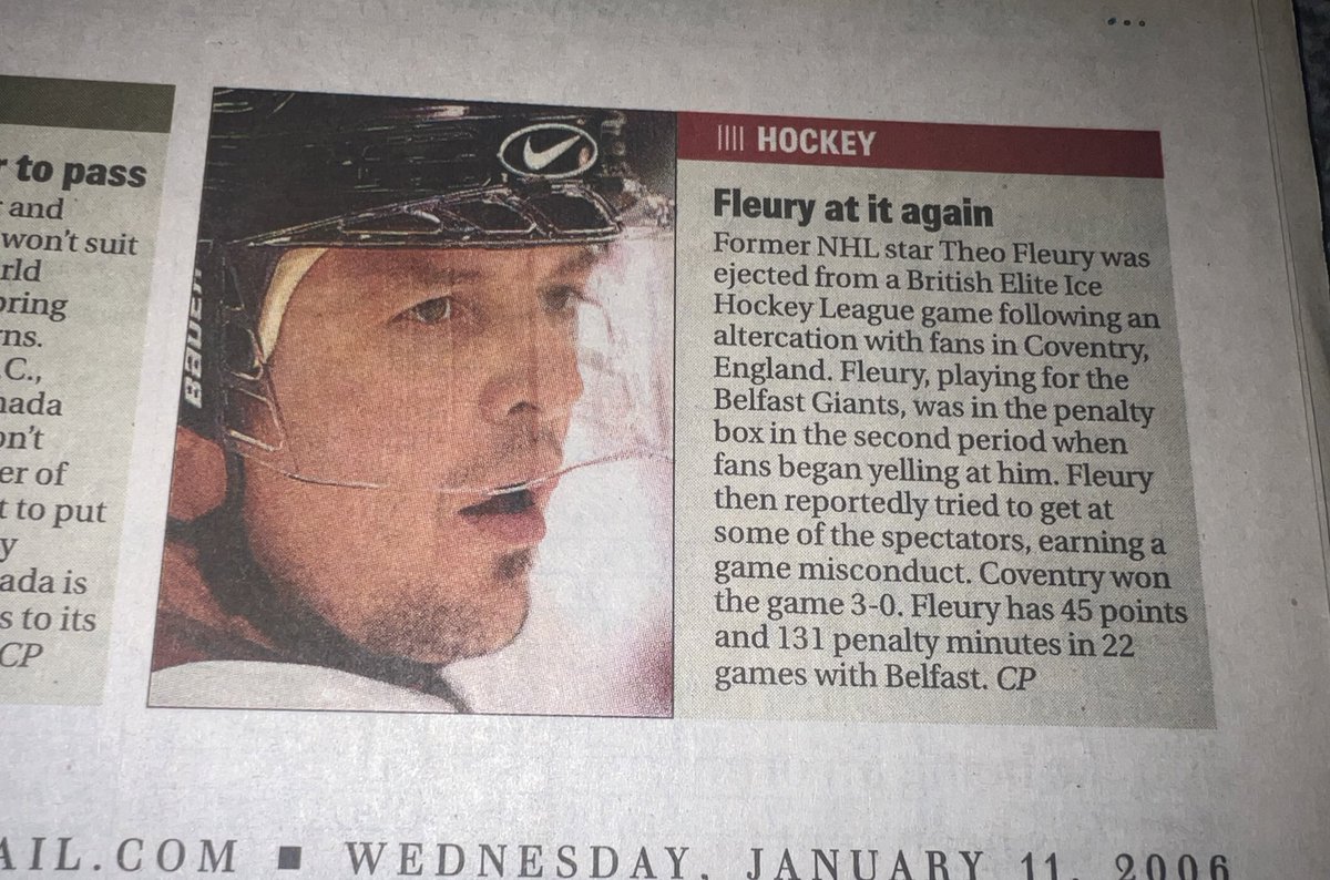 When <a href="/TheoFleury14/">Theo Fleury</a> was on the 500th <a href="/AVFTB/">A View From The Bridge</a> podcast I said to him about a headline in the paper back in the day. 

Jan 11th 2006. Front page of the Globe Sports paper. I happened to be in Toronto. 

Found it in a box of hockey stuff earlier.