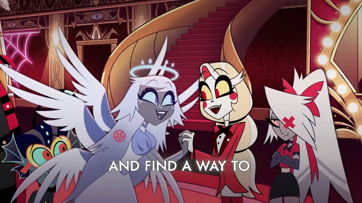 Maxirooni's tweet image. why does Vaggi look at Emily like that 😭#hazbinhotel