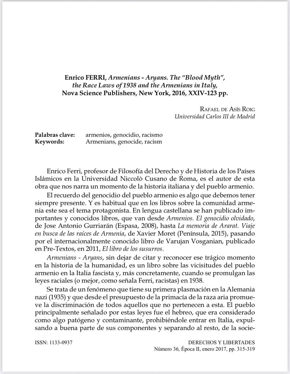 DeryLib's tweet image. 📘 #RevistaDerechosyLibertades Nº 36 (2017) @idhbc_uc3m @uc3m @dykinsonlibros

📣 Hoy en la sección #Recensiones 🖋️“Armenians - Aryans. The “Blood Myth”, the Race Laws of 1938 &amp;amp; the Armenians in Italy” de #EnricoFerri a cargo de @Rarfid

⬇️¡Léelo aquí!⬇️
🔗hdl.handle.net/10016/26214