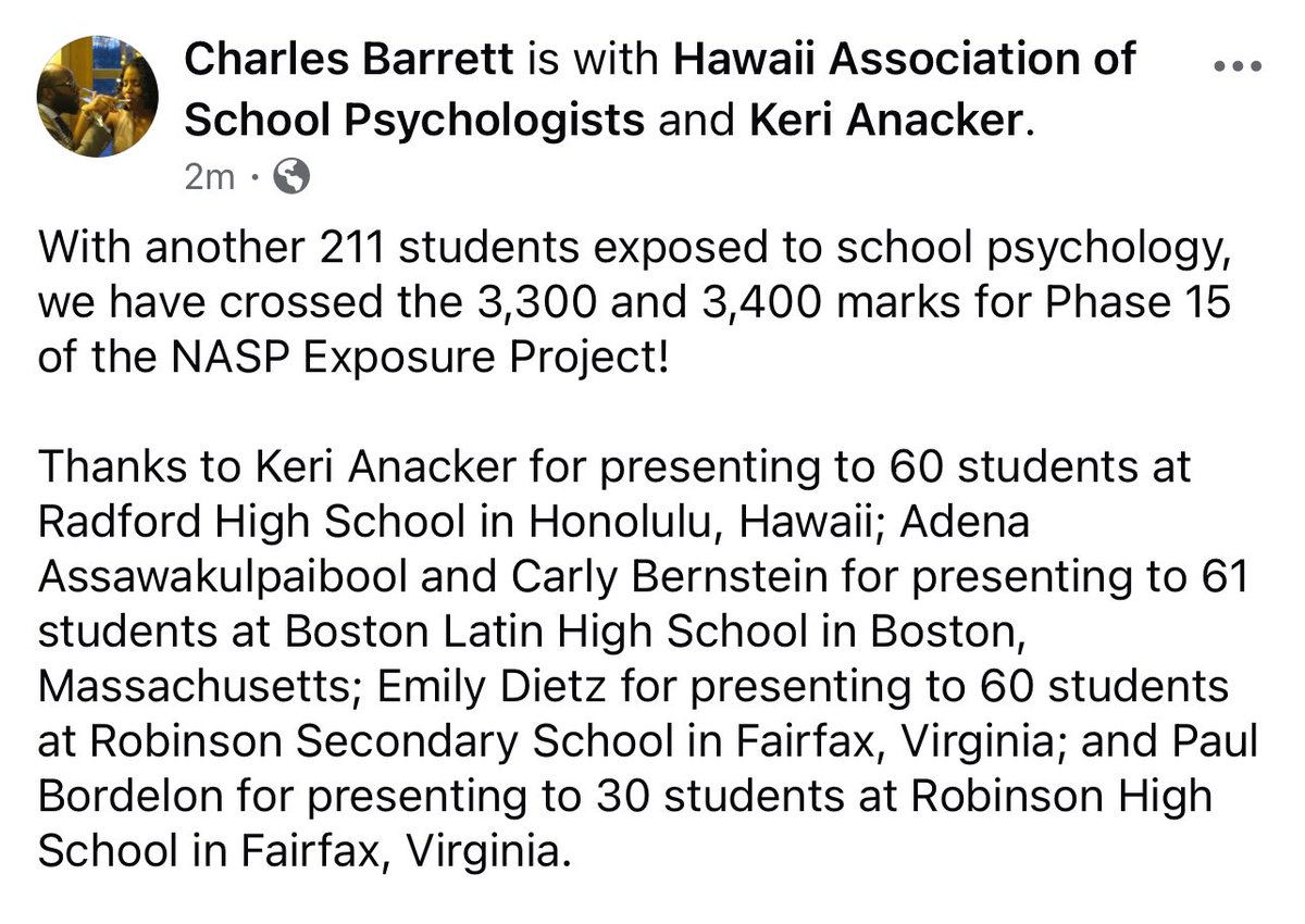 _charlesbarrett's tweet image. With another 211 students exposed to school psychology, we have crossed the 3,300 and 3,400 marks for Phase 15 of the NASP Exposure Project! Thanks for your support and continued support! Materials: lnkd.in/egDF3hg5 Submit Data: lnkd.in/ermZPf8
#NASPExposureProject
