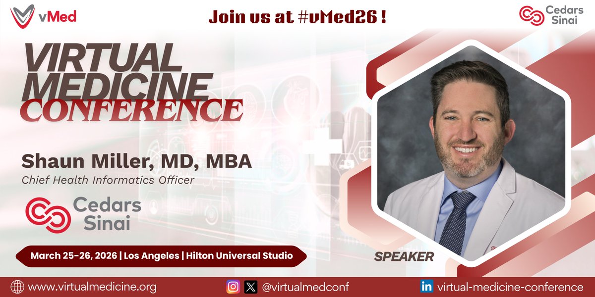 virtualmedconf's tweet image. 👏Thrilled to welcome Dr. Shaun Miller (CHIO, Cedars-Sinai) to #vMed26!
A leader in clinical decision support, EHR innovation, and clinical AI, he’s shaping the future of patient-centered digital care.
🔗Register today: link in bio!
#DigitalHealth #HealthInformatics #ClinicalAI