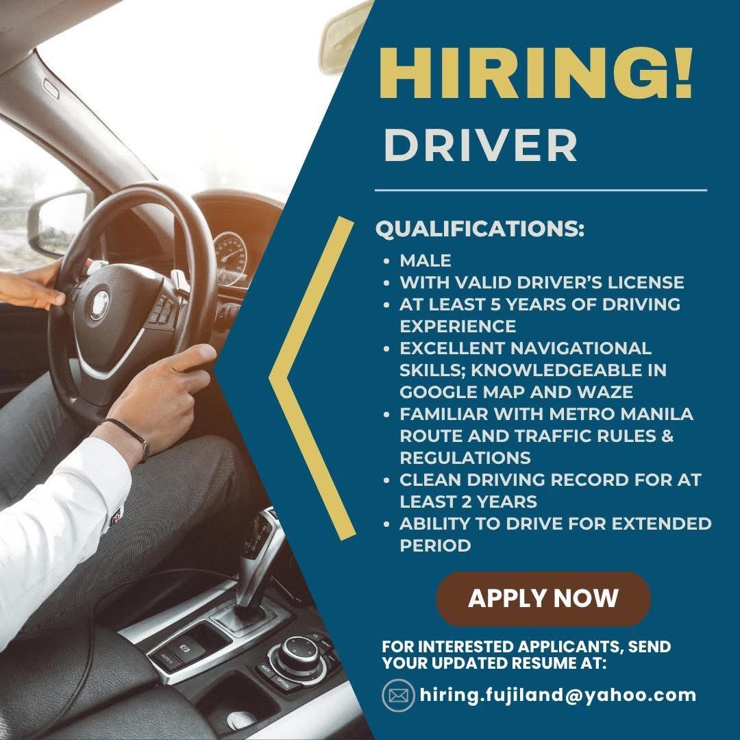 deijivuu's tweet image. 🚘 HIRING DRIVER!

We’re looking for a skilled and dependable driver with at least 5 years of experience.
Know Metro Manila routes? Send your resume now!
📩 hiring.fujiland@yahoo.com

#Hiring #JobHiring #Driver