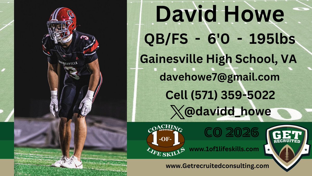 Get__Recruited's tweet image. David Howe - CO2026 - QB/FS - 6&apos;0, 195 - 4.2 GPA - Athletic, accurate arm, smart, great leader. Gainesville HS, VA. Profile:  app.productiverecruit.com/profile/david-…… @davidd_howe @1of1lifeskills @FairmontStateFB @EmoryHenry_FB @UVAWiseCavsFB @ShipFootball @VILLEfb @KUBearsFootball