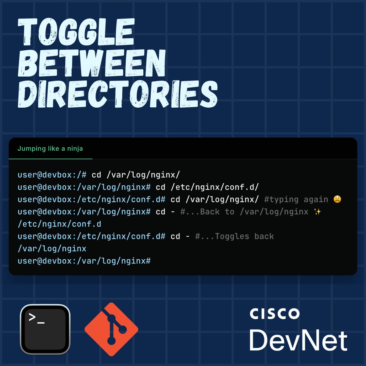 CiscoDevNet's tweet image. CLI productivity tip: The hyphen (-) = &quot;previous location&quot;

• cd - → previous directory (bash)
• git checkout - → previous branch (git)

Toggle between locations without retyping. Game changer for dev/prod workflows. ⚡

#CiscoDevNet #DevTip