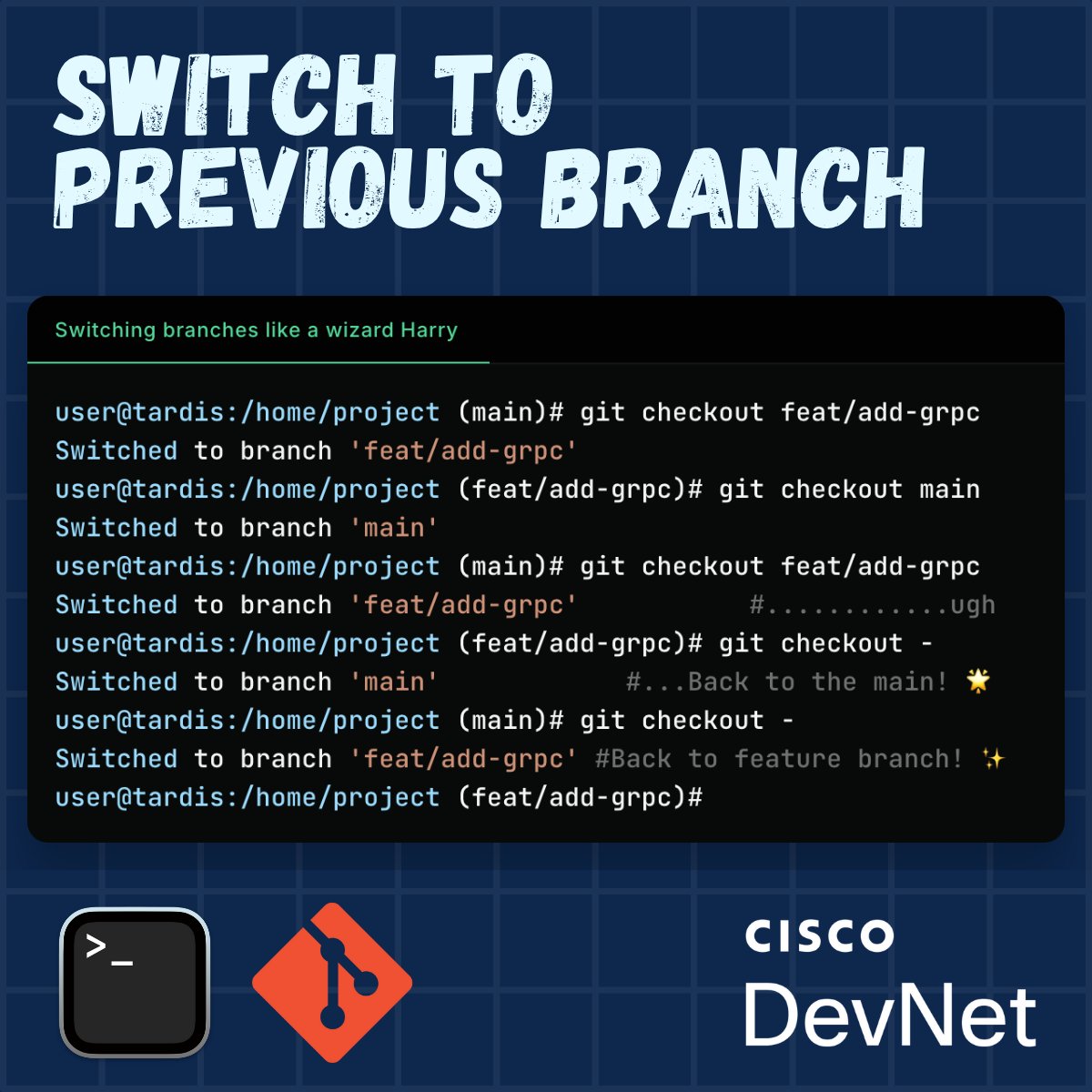 CiscoDevNet's tweet image. CLI productivity tip: The hyphen (-) = &quot;previous location&quot;

• cd - → previous directory (bash)
• git checkout - → previous branch (git)

Toggle between locations without retyping. Game changer for dev/prod workflows. ⚡

#CiscoDevNet #DevTip