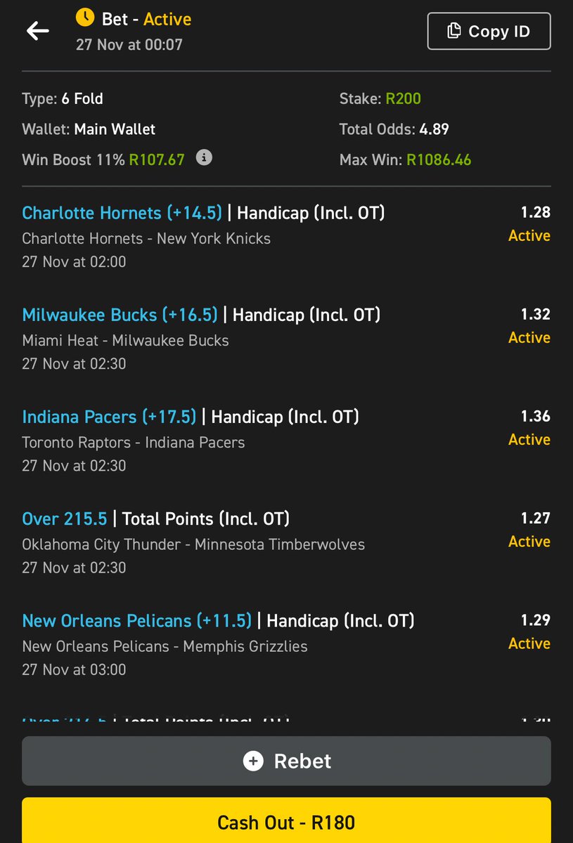 Midnight Snack 🏀🍟🍿

Ticket 1

NBA🏀⛹️⛹️

Mixed markets ✅

Booking code: 03-580439 👈

BetSlip link: easybet.co.za/sports?bookedB…

Smart punters don’t just bet — they get rewarded.

🎁 Get a guaranteed reward every Saturday, no matter the result.✅

🎉 It’s loaded automatically