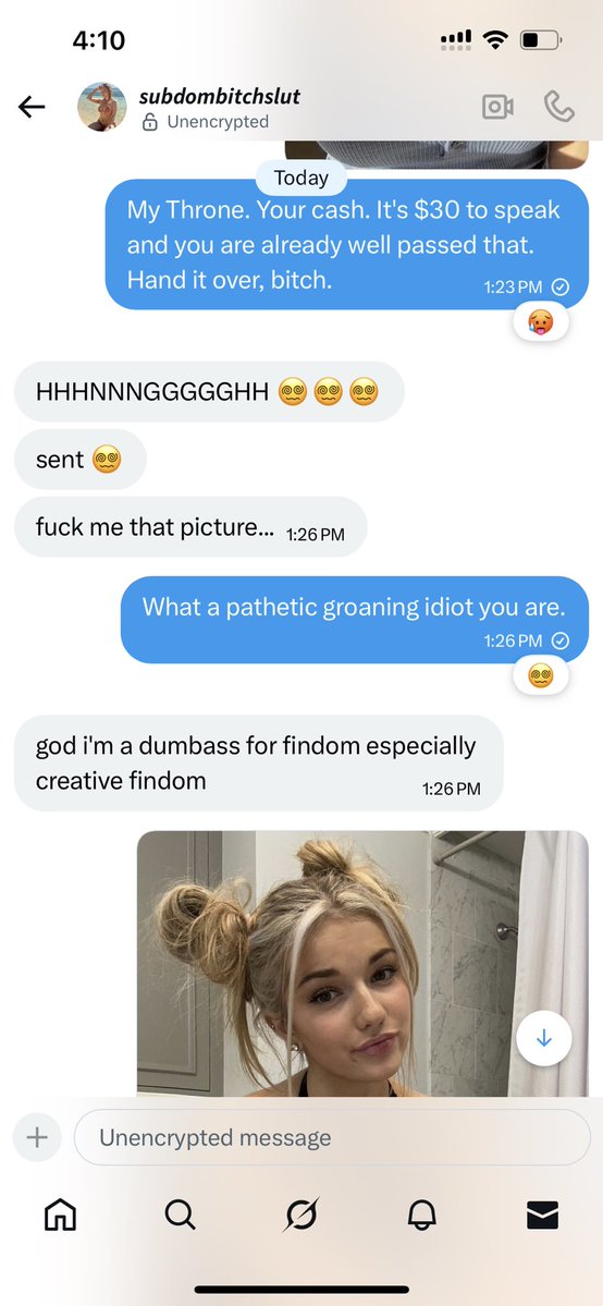 FindomJournal's tweet image. This is going to be easier than I thought.
You idiots are cooked. I am going to rip you off and fund my findom addiction. You can pay to hear about my good times.

Loser.