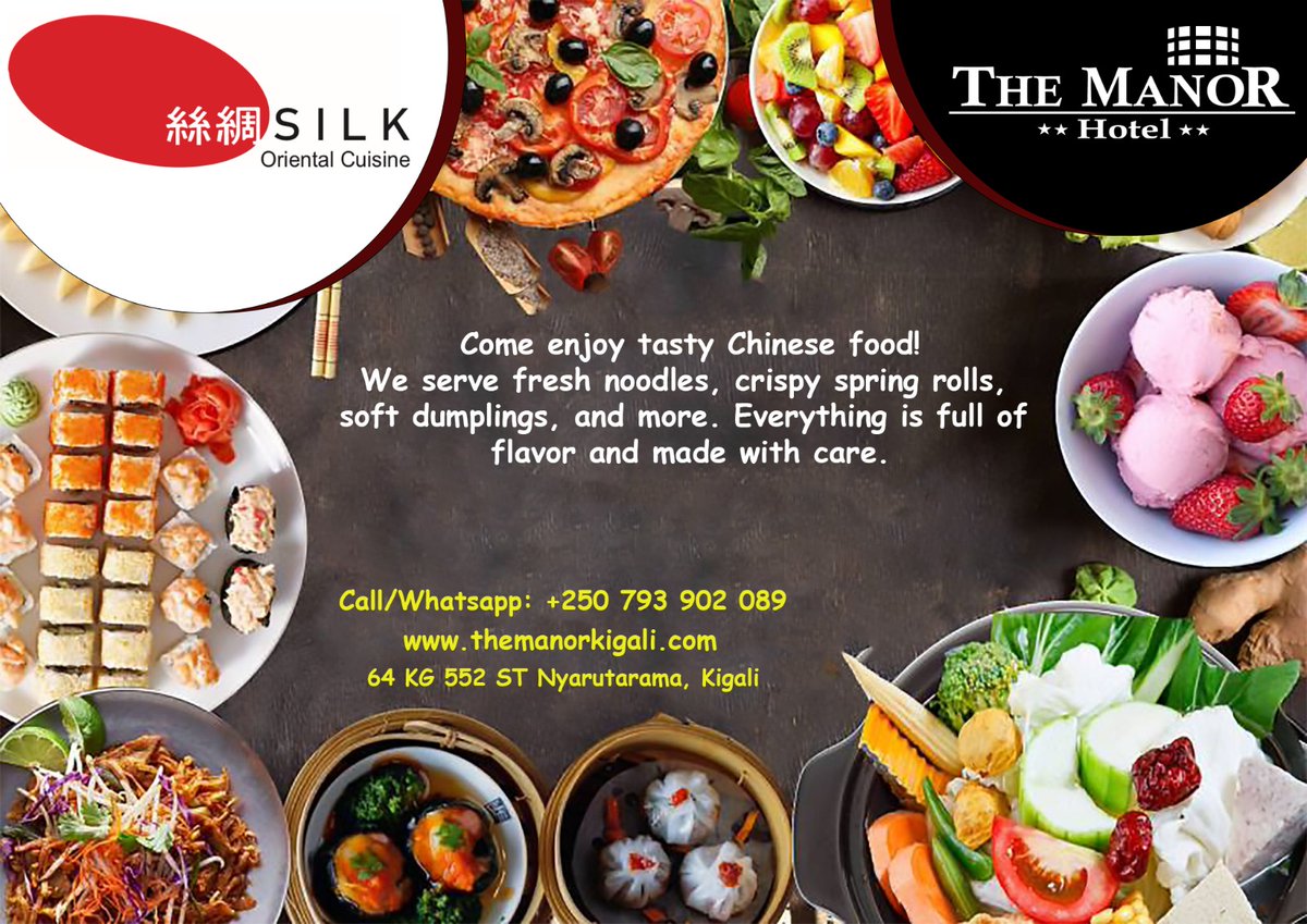 Craving something delicious? 🥢
Fresh noodles, dumplings, sushi &amp; more made with love at SILK Oriental Cuisine! 🍜🍣
📍 Visit us at The Manor Hotel, Kigali.

#SilkCuisine #ChineseFood #KigaliEats #FoodieRwanda #DineAtTheManor #AsianFlavors #TasteTheEast #KigaliFoodies