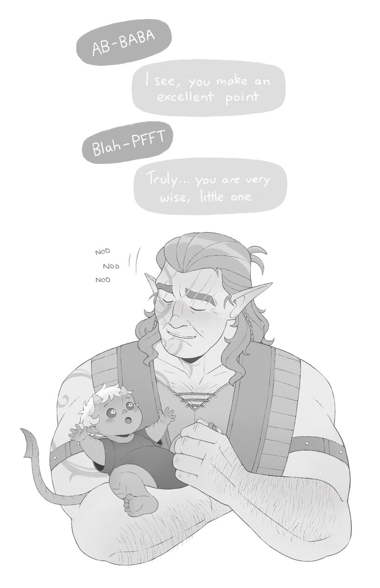 WillowayART's tweet image. I couldn't get the thought of Halsin having a conversation with a baby out of my head, so here's a doodle 🥰
This is Opal, she is the daughter of my Tiefling OC, Neyola (not Halsin's child, but he is resident Daddy Halsin) 
#Halsin