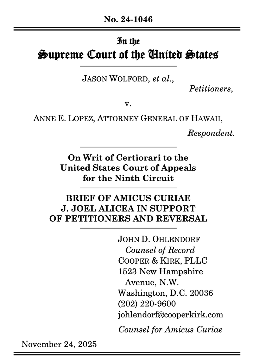 On Monday, CIT Director J. Joel Alicea submitted an amicus brief to the Supreme Court in support of the petitioners in the case of Wolford v. Lopez. The case examines whether Hawaii’s law, which presumptively prohibits licensed concealed carry permit holders from carrying