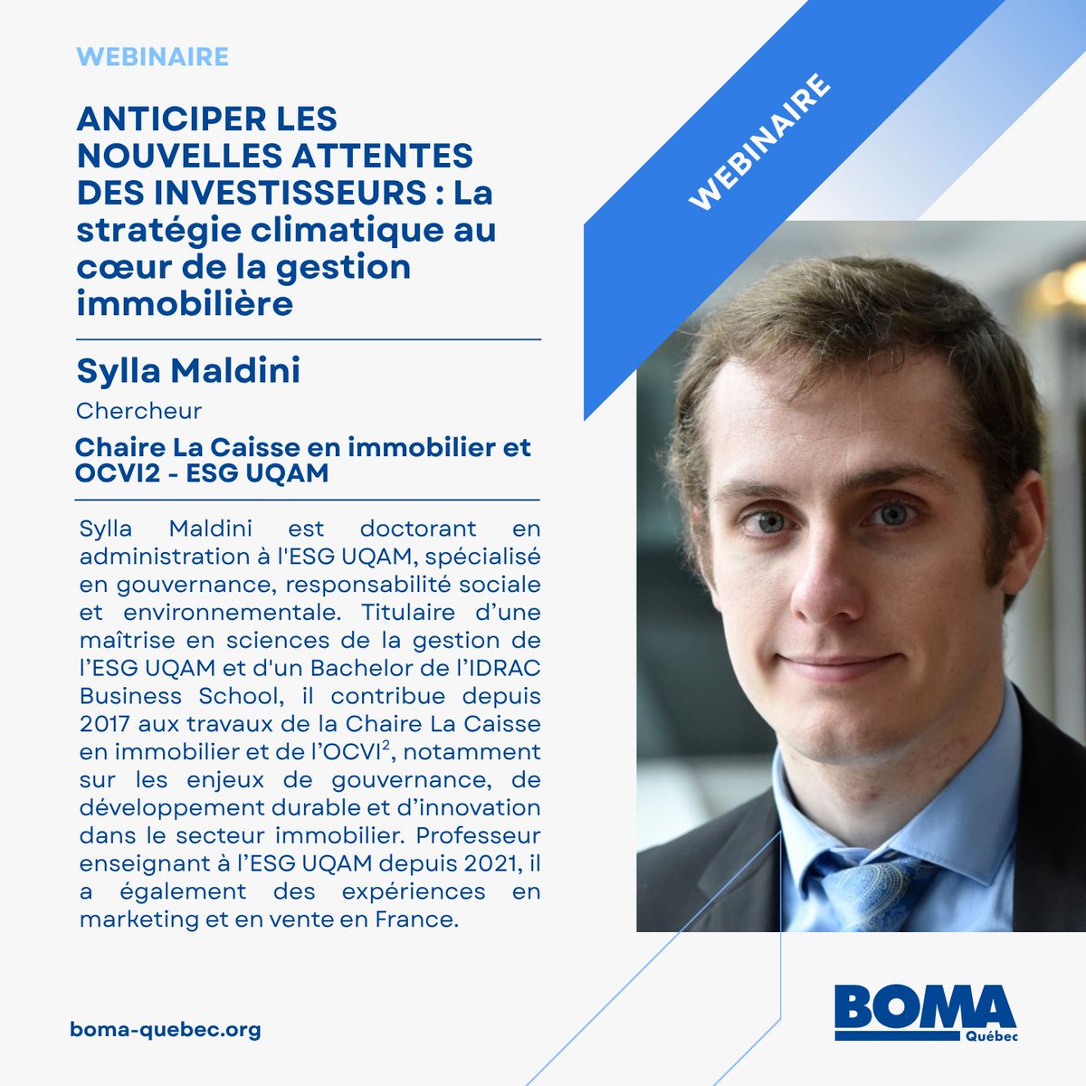 📣  À ne pas manquer le 3 décembre prochain !

Formation virtuelle – Anticiper les nouvelles attentes des investisseurs : la stratégie climatique au cœur de la gestion immobilière

📅 Date : Mercredi 3 décembre 2025, 8h50 à 12h
👉 Détails et inscription : boma-quebec.org/evenements/web…
