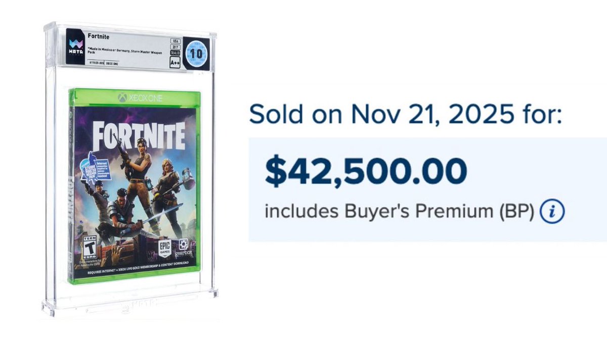 A graded physical copy of Fortnite sold for $42,500 at an auction. With a  perfect Wata 10 A++, it's the highest-graded copy of the game ever  recorded (via @Dexerto)