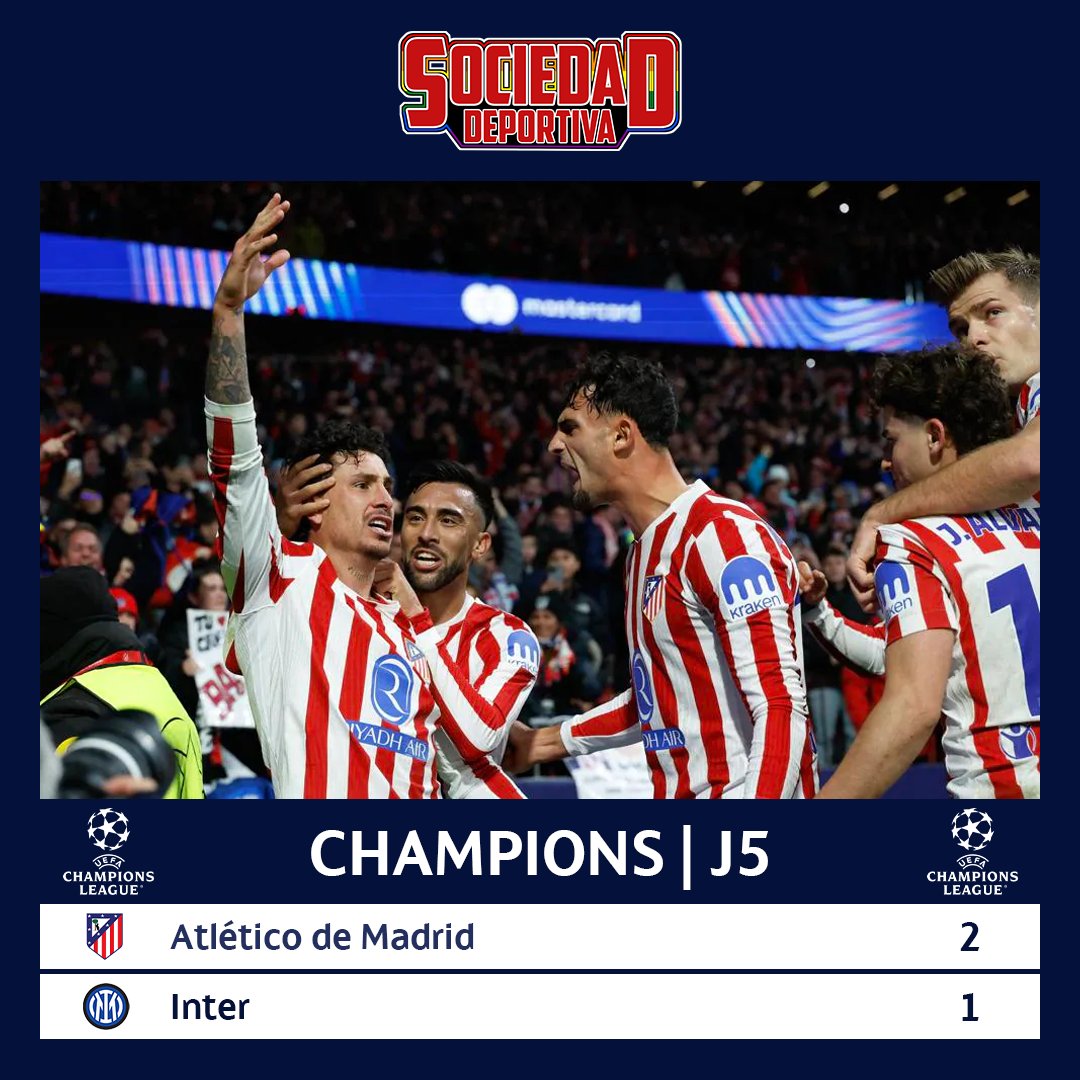 SDeportivaD's tweet photo. #UCL | ¡Victoria del Atleti!
El gol de Giménez en el 93' dio el triunfo al Atlético de Madrid ante el Inter. El tanto del uruguayo, junto al de Julián Álvarez, dio los tres puntos a los del Cholo y se ponen a un punto del top-8.
#AtletiInter | https://t.co/STiKV37qm8 https://t.co/6yNVXWQU7U