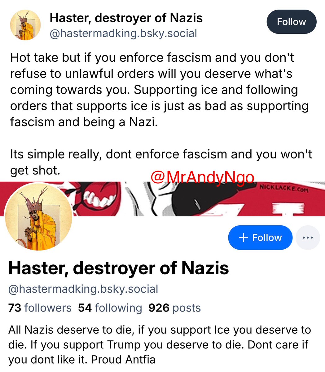 MrAndyNgo's tweet image. &quot;dont enforce fascism and you won&apos;t get shot.&quot;

Antifa and leftists on Bluesky are celebrating the ambush shooting of the National Guard troops near the White House. They repeat the false claim being popularized by leftists that those troops are following illegal orders from the…