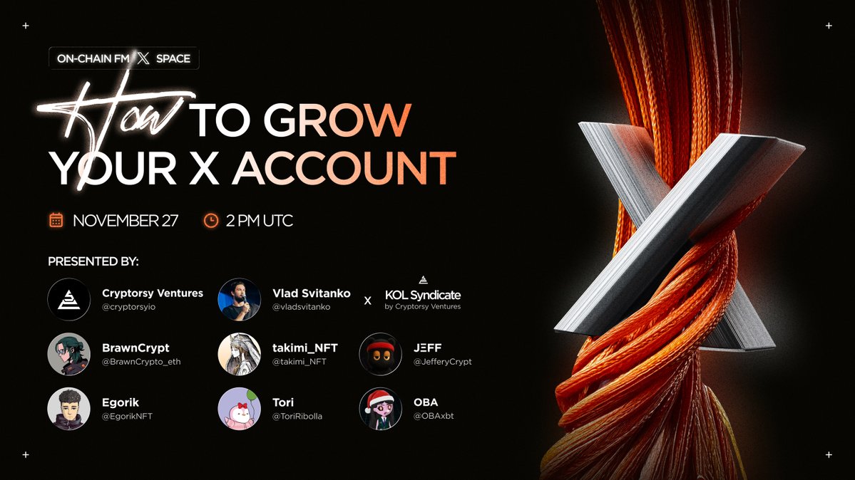 cryptorsyio's tweet image. 💎 ONCHAIN FM: HOW TO GROW YOUR X ACCOUNT?

Building a killer presence on X isn&apos;t luck - it&apos;s strategy. Ready to level up your followers, engagement, and influence on CT?

Tune in as we drop actionable tips, hacks, and real-talk from the trenches!

🤝 Special Guests:…