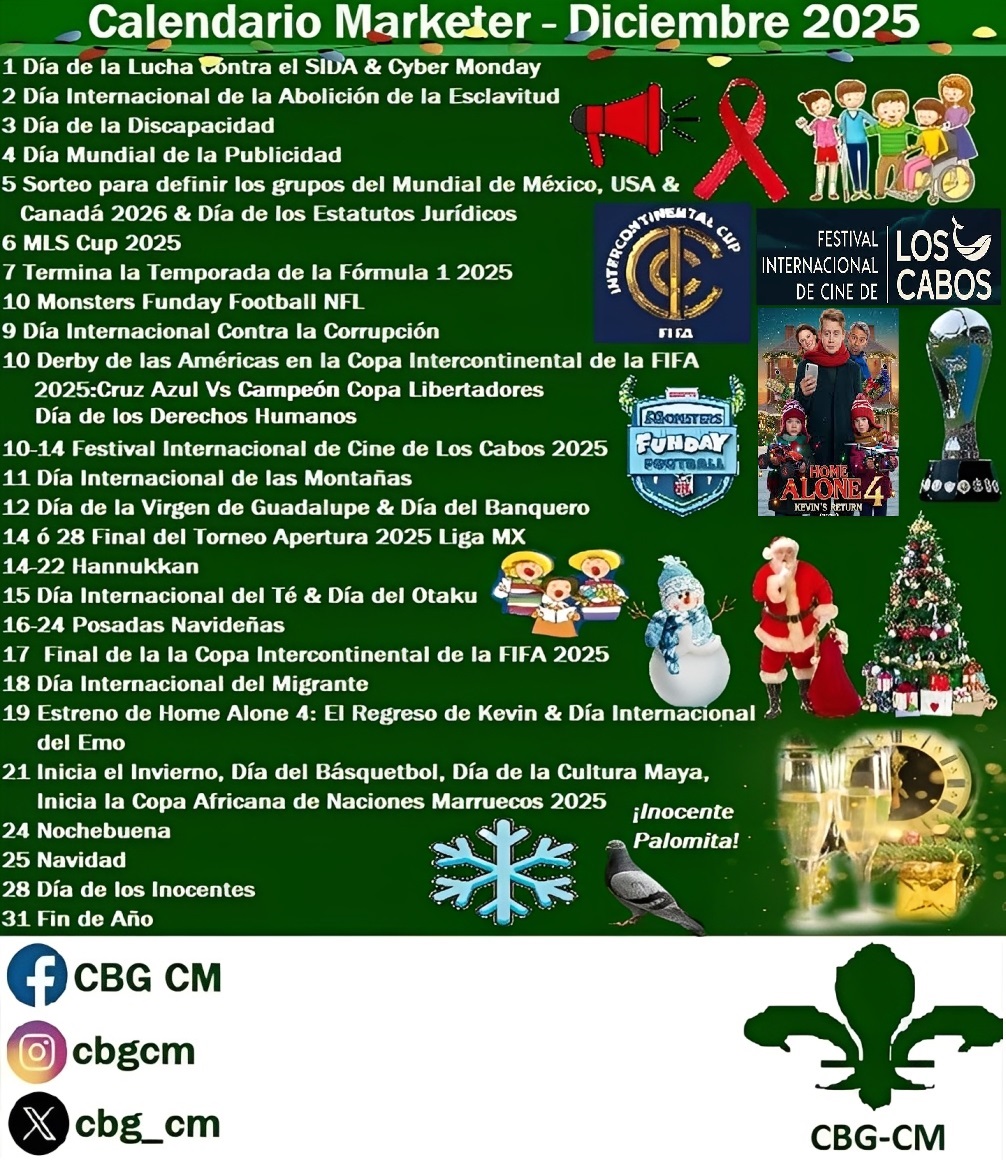 cbg_cm's tweet image. Se acerca el mes de #Diciembre y te dejamos el 📅Calendario #CommunityManager con las fechas a seguir para que trabajes en los planes con sus campañas. 

Visite nuestro blog→ cbgmktblog.blogspot.com/2025/11/calend… 

#CBGCM ⚜