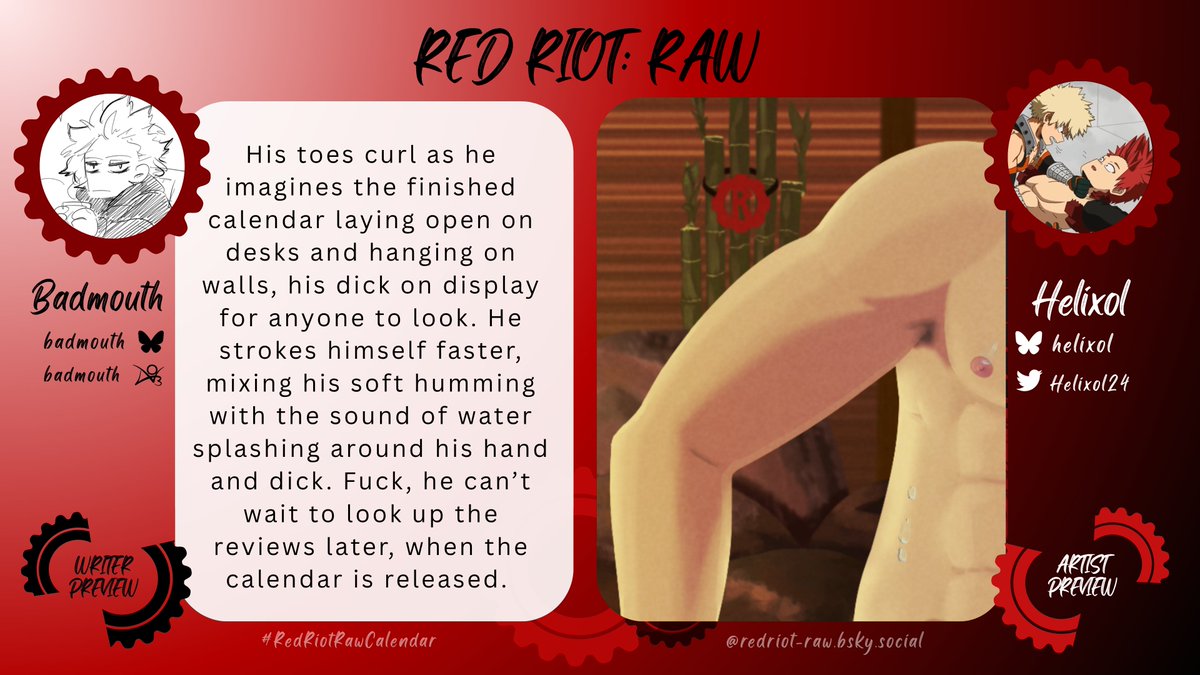 Bringing you a marvelous March will be @/badmouth(🦋) and <a href="/Helixol24/">Helix ❤️🧡</a>!

Be sure to check out the whole piece for FREE on December 5th!!

#redriotrawcalendar