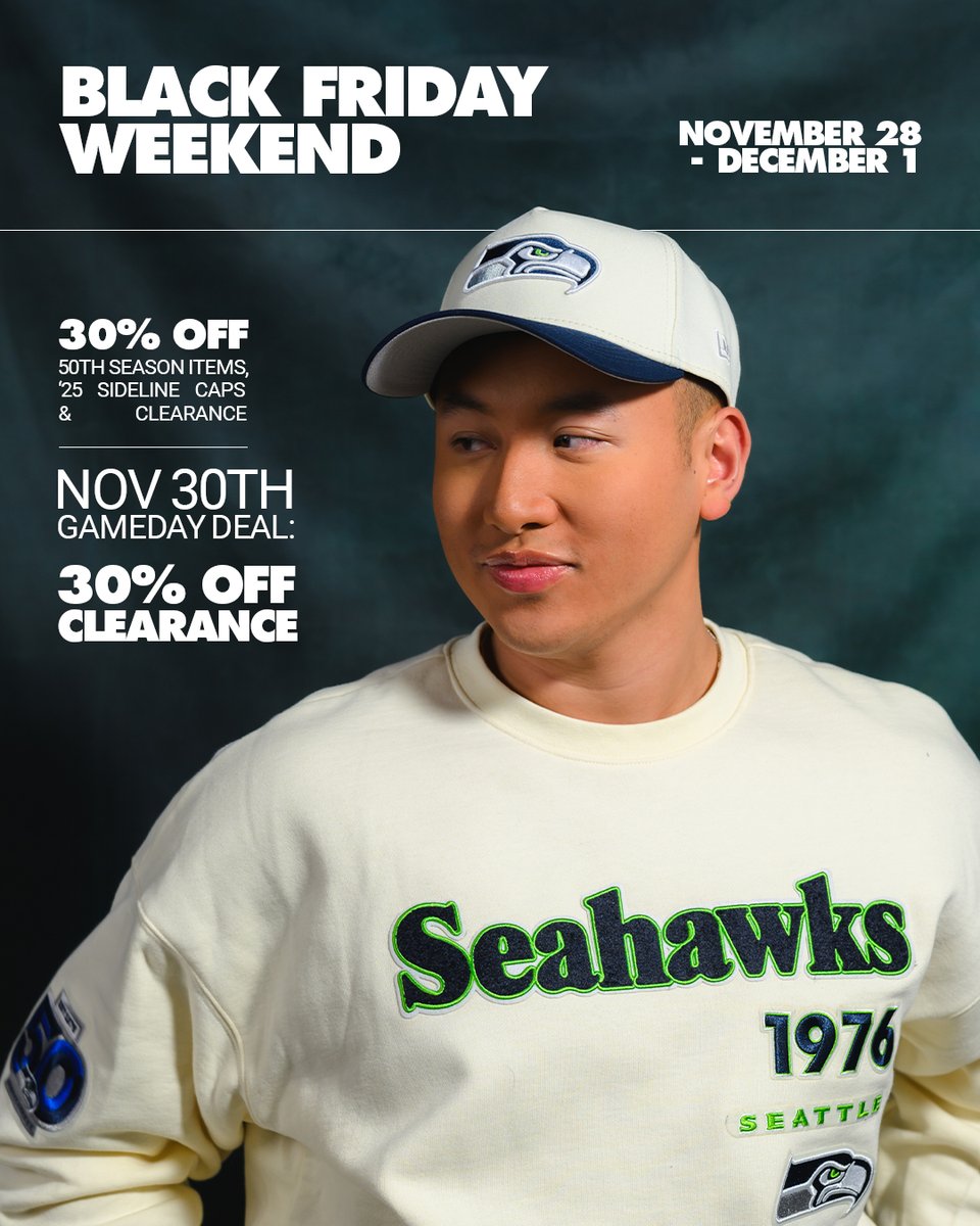SeahawksProShop's tweet image. 🏈 Black Friday Weekend = BIG Savings at The Pro Shop!
📍 Lumen Field &amp;amp; The Landing, Renton
🗓️ Nov 29 – Dec 1

Deals include:
30% off 50th Season Collection
30% off Sideline Collection Caps
30% off Clearance