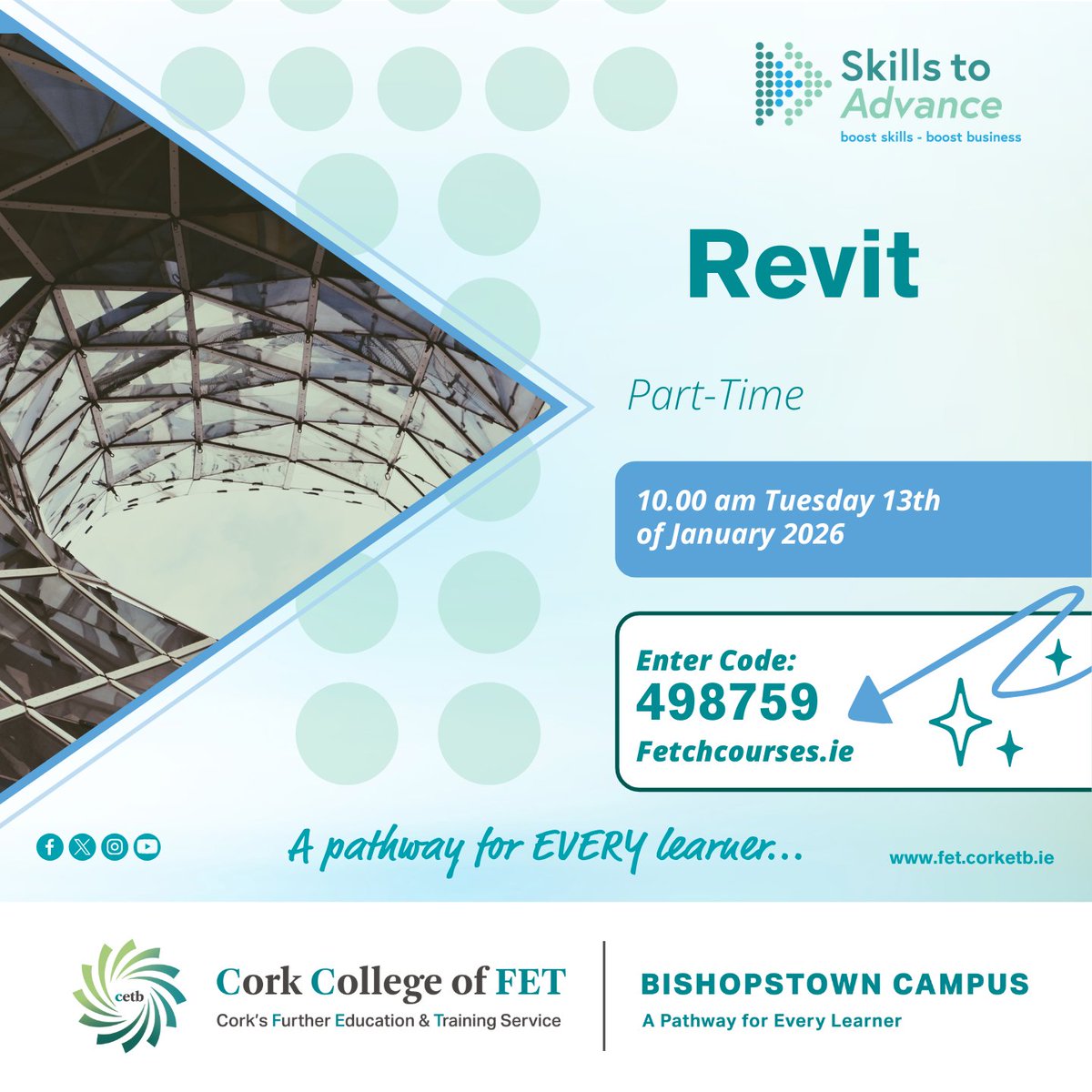 FETBishopstown's tweet image. Need to upskill in #Revit?

Enroll on our #PartTime course

✅ Create Revit components
✅ Create Revit elements
✅ Create Revit views

Course fees fully subsidised for those in employment under #SkillstoAdvance

@corketb @SOLASFET 

#ThisisFET #FETIsForEveryone #Revit