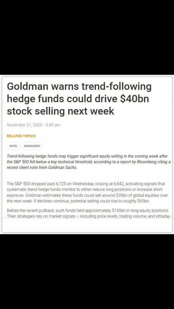 WorkLifePlus's tweet image. Goldman warns trend-following hedge funds could drive $40bn stock selling next week

#algotrading #quantitativetrading
#hedgefund #stockmarket #finance #stocks #hedgefunds #trading #hedgefundmanager #daytrader #trader #forex #investing #investmentbankin… ift.tt/wmPbhXG