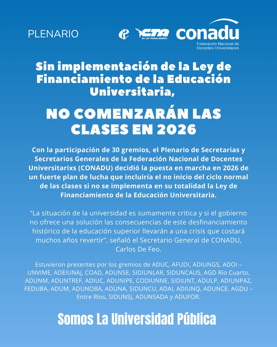 #Plenario
🔵Sin implementación de la Ley de Financiamiento de la Educación Universitaria, no comenzarán las clases en 2026.

🔗bit.ly/4oj4UGA