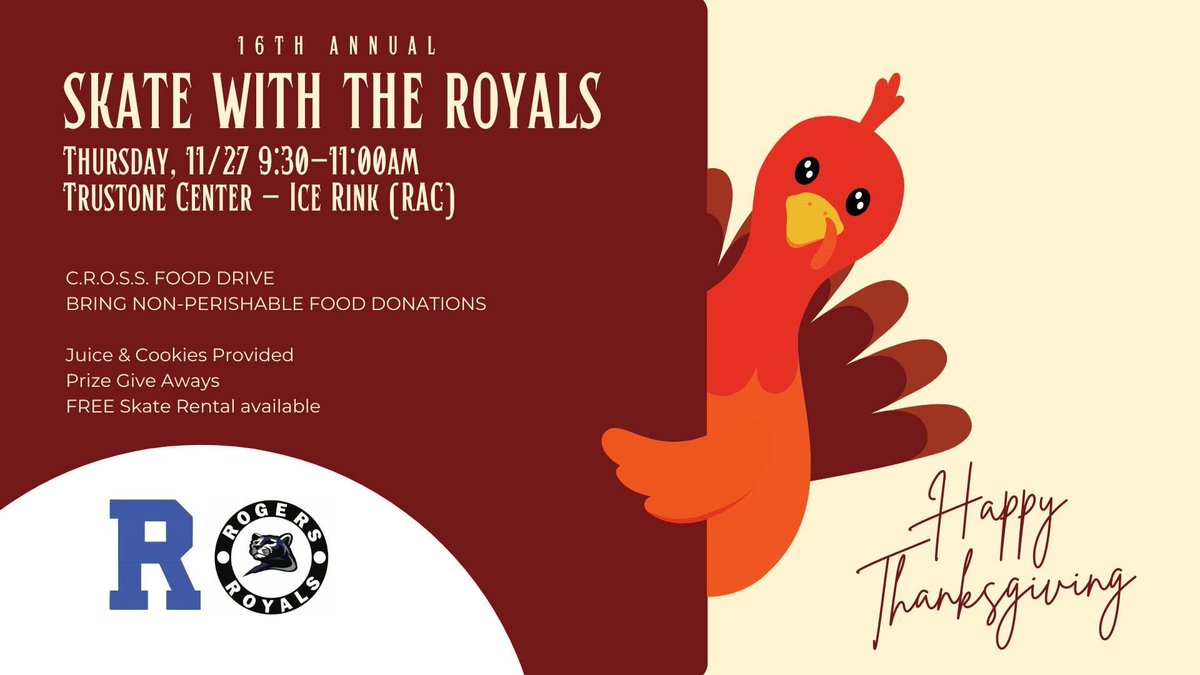 Skate with the Royals tomorrow! One of our program’s best traditions.

Start your Thanksgiving off right by skating with our players 9:30 - 11:00 am tomorrow morning.