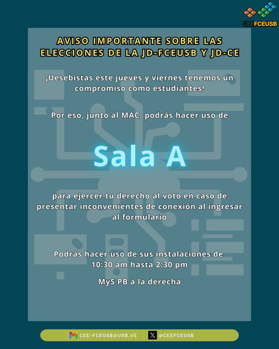 CEEFCEUSB's tweet image. Estimados Uesebistas💛🖤
¡Mañana y el viernes podrán ejercer su derecho al voto en el @MAC_USBve si lo necesitan! 

⌚️10:30 a.m. - 2:30 p.m. 
📍MyS planta baja