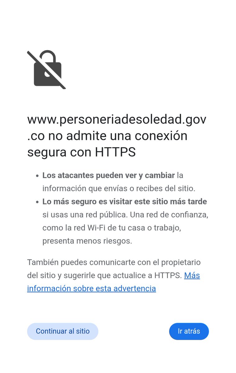 SergioSolanoO's tweet photo. @personeriasol reporto un correo electrónico de phishing a su nombre. Al intentar entrar a su website salta una advertencia de sitio que no admite conexión segura. No me extraña. Por favor, si van a tener plataformas digitales y websites inviertan en la seguridad de las mismas. https://t.co/znIp6XaEgG