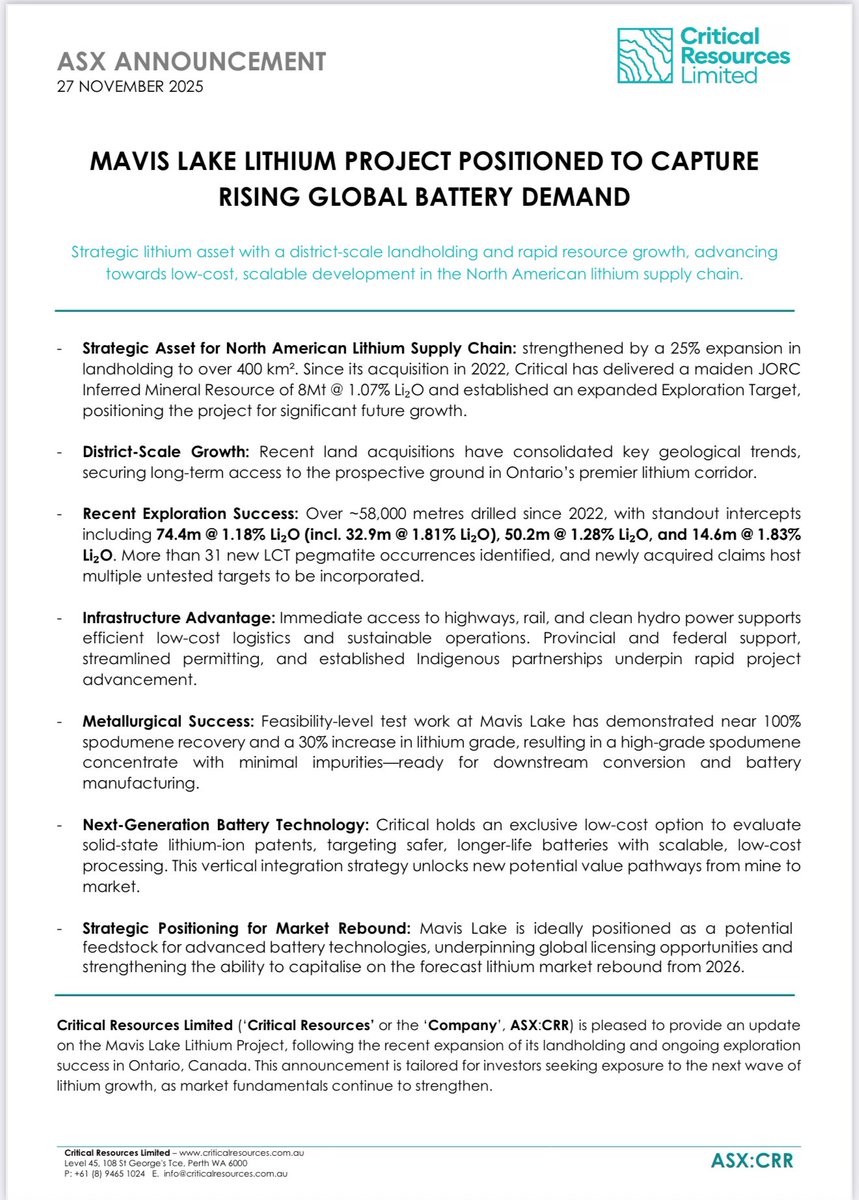 Stocksurfer_asx's tweet photo. $CRR🔥🔥
#Lithium #EV #Mining #ASX
#Critical_Resources expands land position at Mavis Lake #Lithium Project, Ontario
⚡️One of Canada’s largest & highest-grade undeveloped #lithium assets.
⚡️Strong local & First Nations support.
⚡️Prime infrastructure access.
⚡️Perfectly timed for the coming #lithium rebound.
Critical Resources Managing Director, Tim Wither, commented:
‘The counter-cyclical opportunity to stake and acquire additional claims secures a dominant land position over highly prospective geology. This strategic decision underpins future growth potential across the Mavis Lake Lithium Project.’