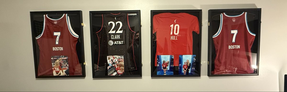 My 9yo daughter made it a mission to get <a href="/IndianaFever/">Indiana Fever</a> autographs this season. Now she was a wall dedicated to her success. <a href="/aa_boston/">Aliyah A. Boston</a> <a href="/CaitlinClark22/">Caitlin Clark</a> and <a href="/lexiehulll/">Lexie Hull</a> jersies all up now. Have <a href="/Kelz_Hoop/">Kelsey Mitchell</a> <a href="/sophaller/">Sophie Cunningham</a> <a href="/_Breezy_Briii/">Breezy</a> and a few other non-jersies to add. She wants