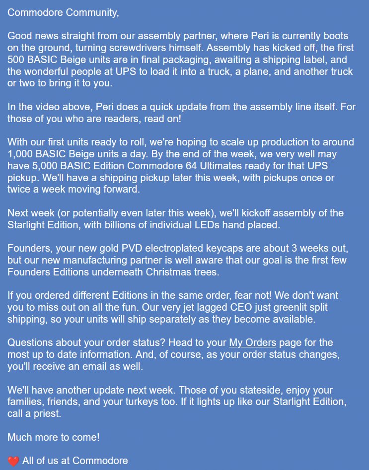 CommodoreBlog's tweet image. Commodore 64 Ultimate Shipping Update, November 26, 2025.
#C64 #Commodore @commodoreofcl