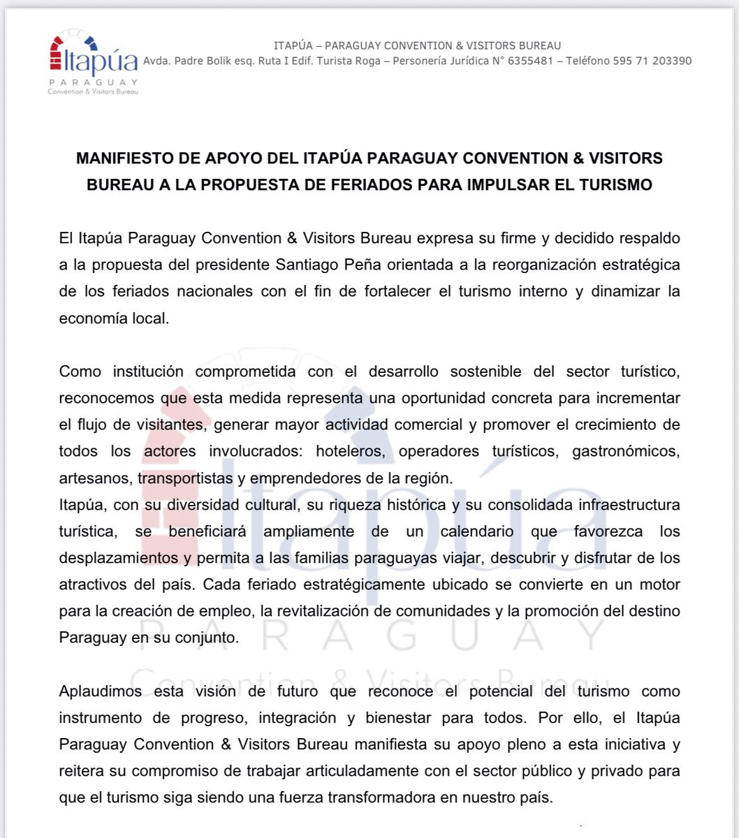 AngieDuartePy's tweet photo. El impulso al turismo interno no es solo una visión de SENATUR: está respaldado por los gremios, asociaciones y empresas que trabajan todos los días para que Paraguay sea un destino en crecimiento. 🤝🇵🇾

En la 9ª Sesión de CONATUR, representantes del interior y del sector turístico manifestaron su apoyo a la propuesta de declarar feriados el 26 de diciembre de 2025 y el 2 de enero de 2026.

Coincidimos en algo fundamental: los fines de semana largos generan movimiento real, fortalecen a emprendedores, alojamientos, gastronómicos, guías, artesanos y a miles de familias que viven del turismo.

Agradezco profundamente este acompañamiento.
Cuando sector público y privado trabajamos juntos, el resultado es un Paraguay más activo, más competitivo y con más oportunidades para todos. 💚✨

#TurismoPY #SectorTurístico #ParaguaySeMueve