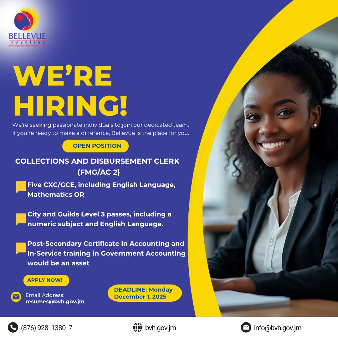 We’re hiring!

The Bellevue hospital is seeking passionate individuals to join our dedicated team. If you are passionate about mental health and you’re ready to make a difference, Bellevue is the place for you. 
Send your resume to resumes@bvh.gov.jm on or before December 1, 2025