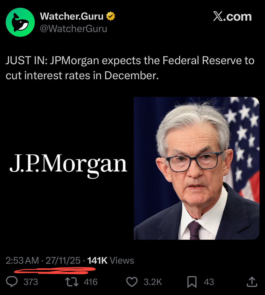 WatcherGuru’s headlines are starting to look like scripts written by institutions.

6 days ago they post ‘Morgan Stanley doesn’t expect December rate cuts’ → market dumps.
Today they push ‘JP Morgan expects December rate cuts’ → market pumps.
Just coincidence?