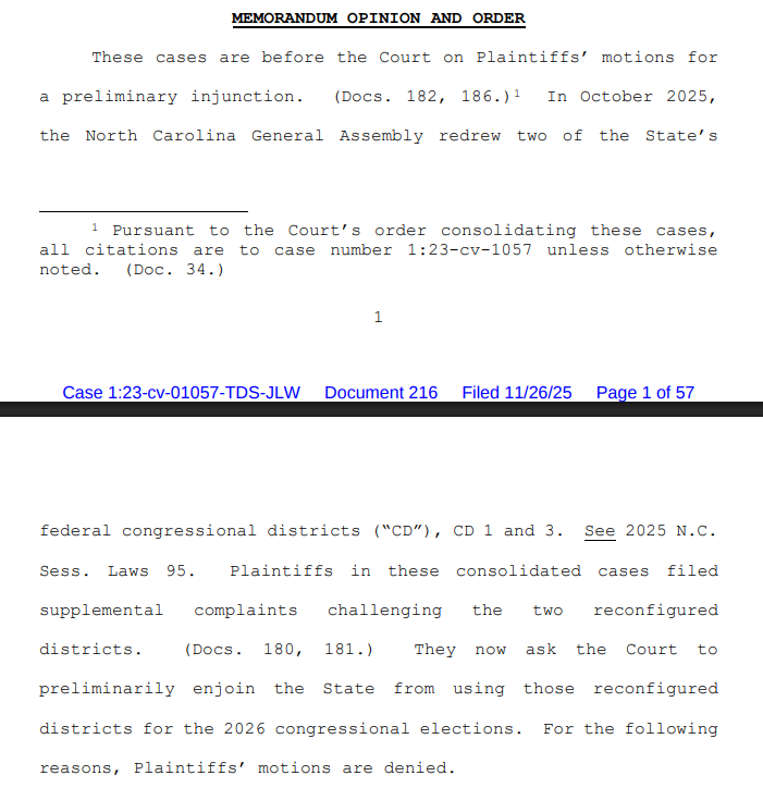 greggiroux's tweet image. A 3-judge federal court rejected a request to block new North Carolina Republican map that revised Democratic Rep. Don Davis’s #nc01 swing district to be more Republican-friendly. The court denied plaintiffs’ request for a preliminary injunction. 

Candidate filing begins Monday