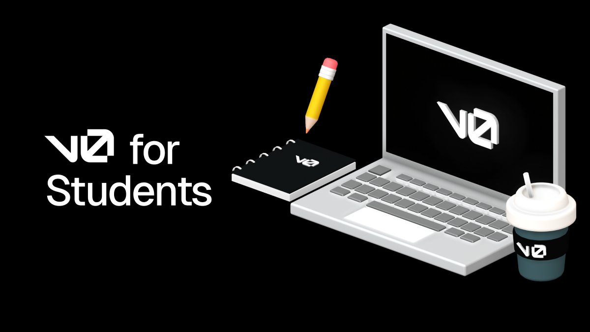 v0's tweet image. v0 for students is now live at 5 more schools:

• San Francisco State University
• Arizona State University
• Georgia Institute of Technology
• University of Waterloo
• New York University

Students at those schools can now access 1 year of free v0 premium when you verify…