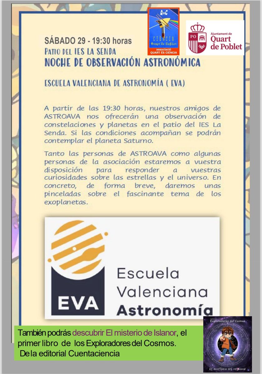 Noche de observación astronómica con <a href="/ASTROAVA/">Asociación Valenciana de Astronomía 😷🔭</a>  🔭

El sábado 29 a las 19:30h los amigos y amigas de <a href="/ASTROAVA/">Asociación Valenciana de Astronomía 😷🔭</a> ofrecerán una observación de constelaciones y planetas al patio del <a href="/IESLaSendaQuart/">AMPA IES La Senda</a>, la última actividad de nuestra Semana de la Ciencia #QesC2025 !