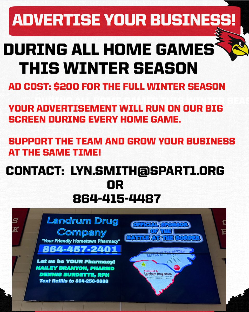 Home Opener Dec. 3rd. We have many home events and 3 straight days of the Battle at the Border tournament to get your business seen. $200 goes to basketball program and grow your business!!!

Get it now!!!