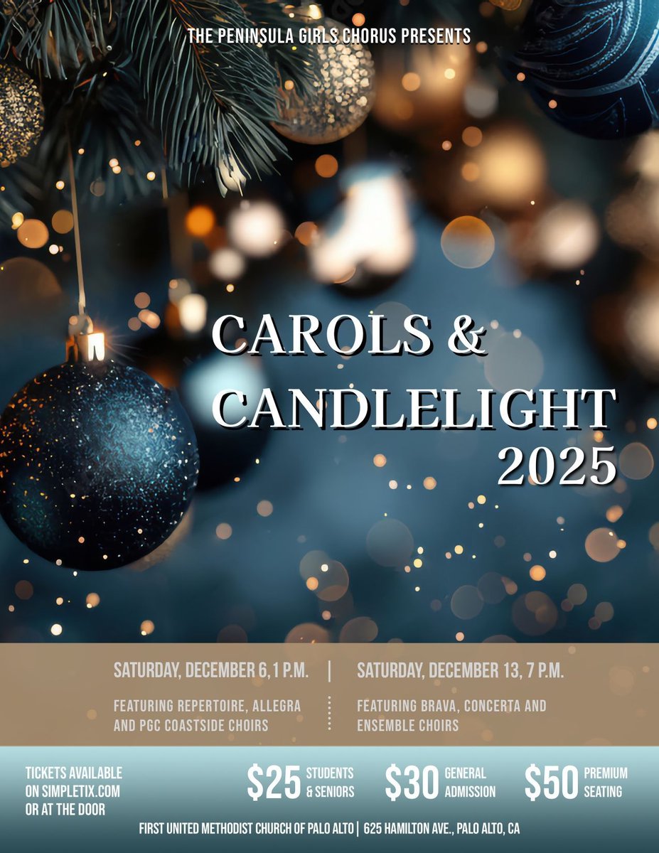 Join Peninsula Girls Chorus for Carols &amp; Candlelight 🕯️
📅 Dec 6 (1 PM) &amp; Dec 13 (7 PM)
📍 First UMC Palo Alto
🎟️ $25–$50 | buff.ly/HST32bg