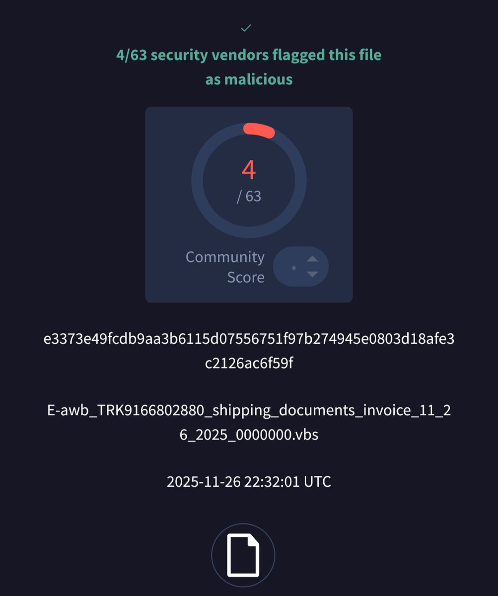smica83's tweet image. &apos;E-awb_TRK9166802880_shipping_documents_invoice_11_26_2025_0000000.vbs&apos; #GuLoader seen from Hungary @abuse_ch 
bazaar.abuse.ch/sample/e3373e4… 
Next stage is #xworm. 
Source URL: hxxps://taiwantrades(.)com(.)br/Brammer.prm 
C2: 
businesstradings(.)duckdns(.)org:3033 
@skocherhan
