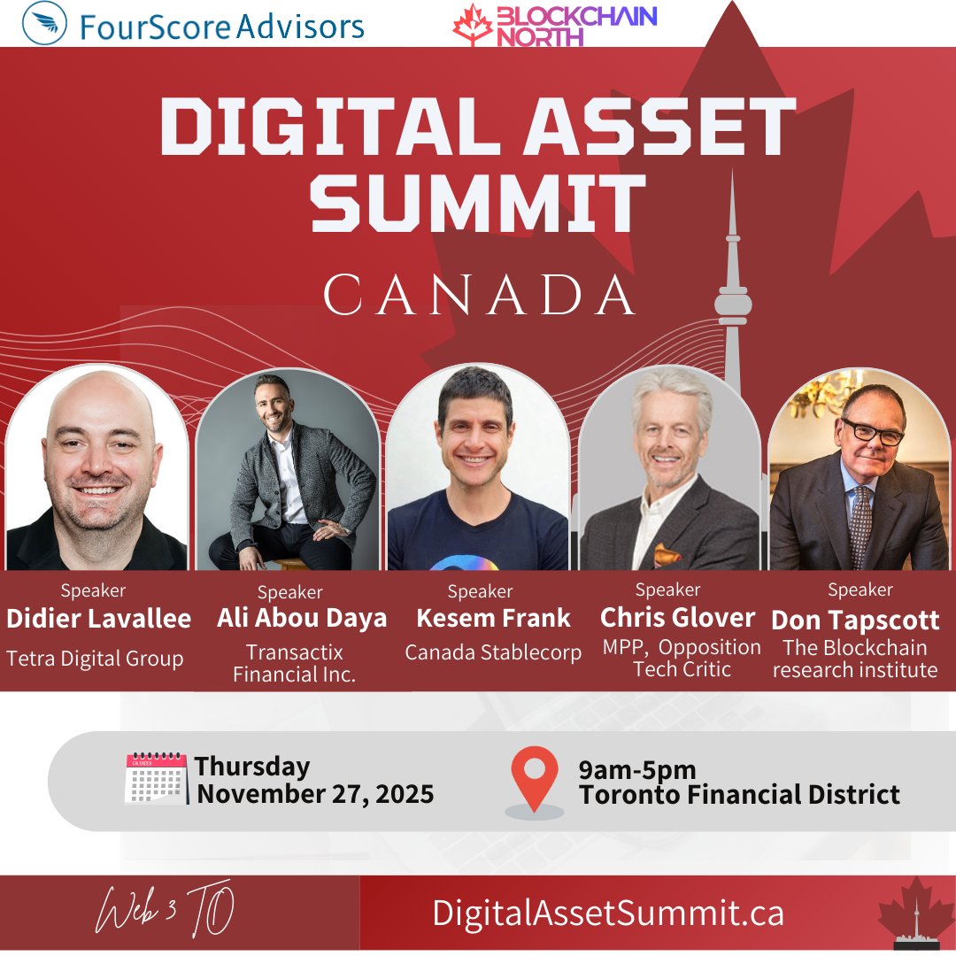 Web3To's tweet image. Digital Asset Summit Canada is tomorrow in Toronto 🇨🇦

📅 Full agenda: tinyurl.com/5y2zr2vy

Stablecoins are happening right now and Canada is finally moving with new stablecoin legislation in the 2025 Federal Budget.
Featuring: @DonTapscott, MPP Chris Glover, Didier Lavallée…