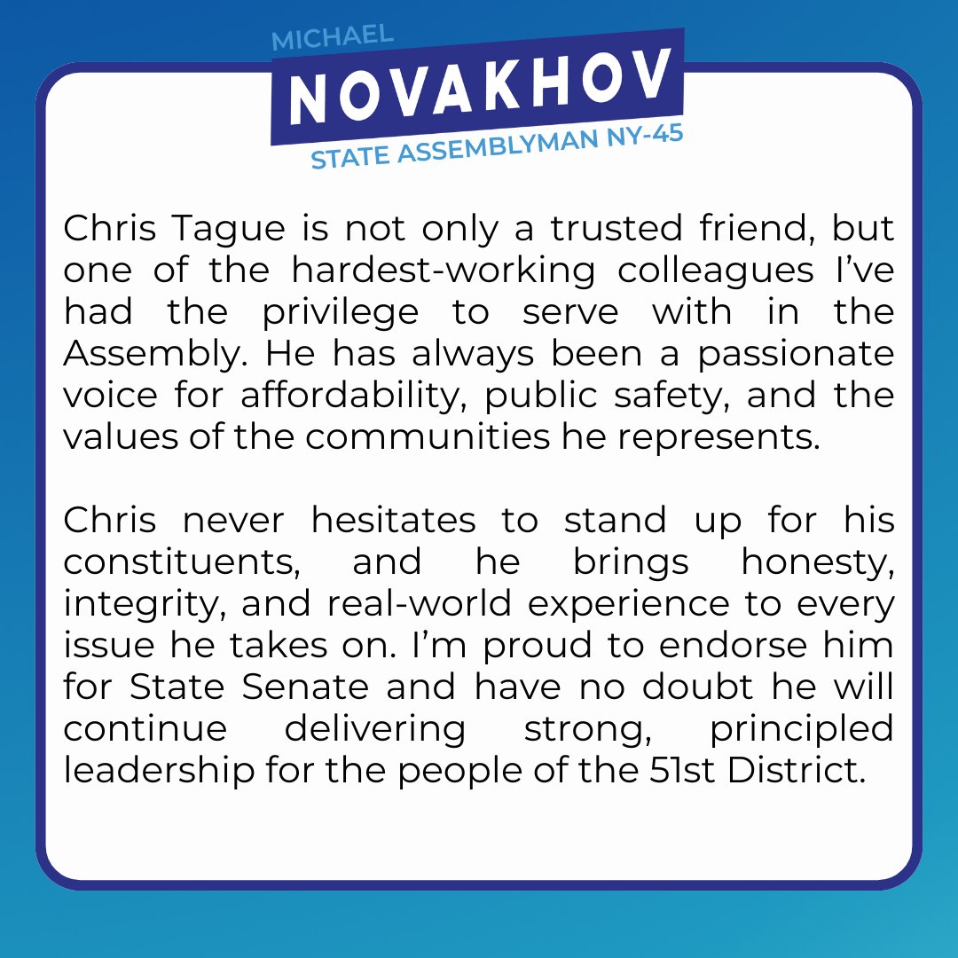 Chris Tague is a trusted friend and one of the hardest-working colleagues I’ve served with. 

He’s a true voice for affordability, public safety, and the values of his community. I’m proud to endorse him for State Senate — the 51st District deserves his principled leadership.