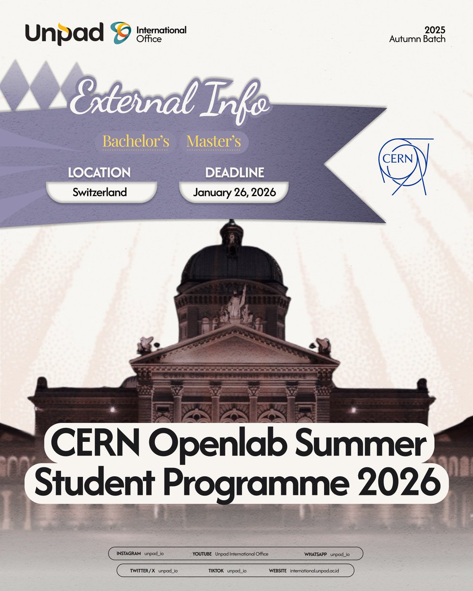 unpad_io's tweet image. [CERN Openlab Summer Student Programme 2026]

Want to join a vibrant, welcoming community exploring the limits of science? CERN is where your curiosity and talents can thrive. Come be part of the Openlab Summer Student Programme and contribute to exciting scientific projects!