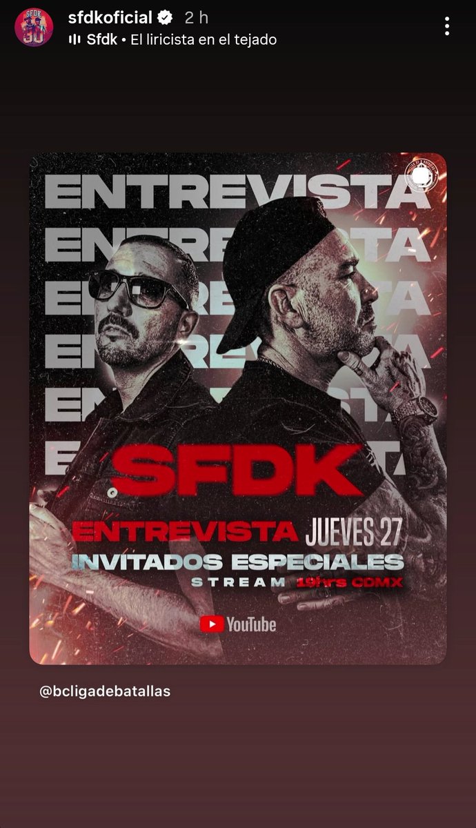 jualdiska's tweet photo. Mañana en nuestro canal oficial de YouTube @bcligabatallas     tendremos una entrevista con @SFDKoficial  a las 7pm en el siguiente enlace👇🏾

https://t.co/912YPDZs68 https://t.co/aPzKScQZwa