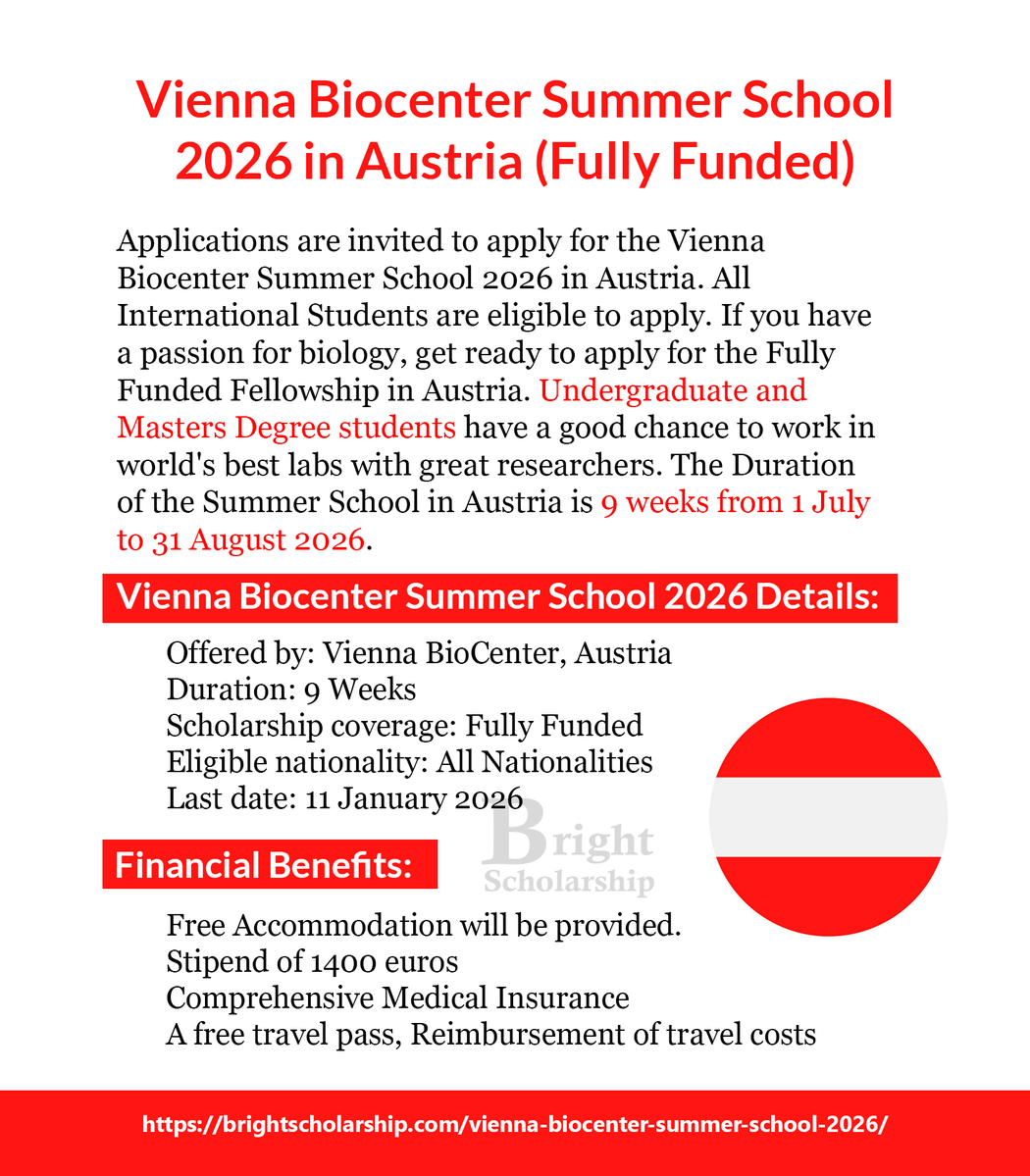 BrightSship's tweet image. Vienna Biocenter Summer School 2026 in Austria (Fully Funded)

Duration: 9 Weeks
Scholarship coverage: Fully Funded
Eligible nationality: All Nationalities
Last date: 11 January 2026

Apply Link: brightscholarship.com/vienna-biocent…

#BrightScholarship #FullyFunded #Fellowship #Austria